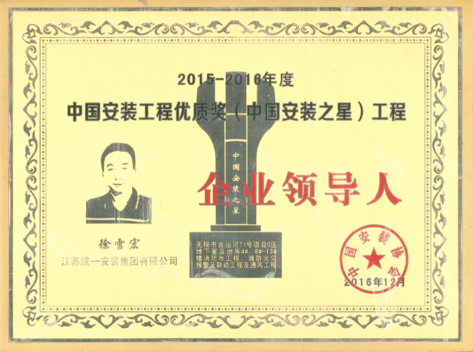 2015-2016年度中國安裝工程優(yōu)質(zhì)獎（中國安裝之星）工程企業(yè)領(lǐng)導(dǎo)人（古運(yùn)河項目2016.12）